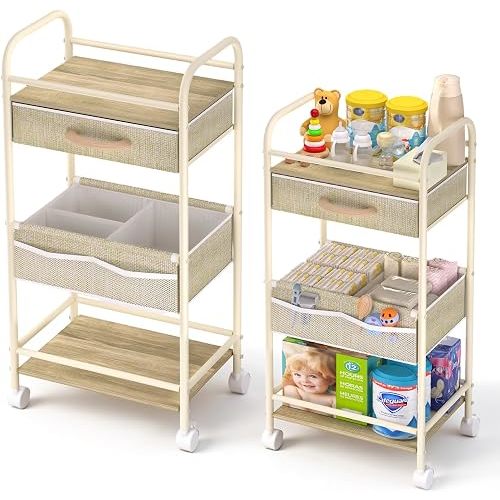 Baby Cart Organizer, Oxford Fabric Diaper Cart with Wooden Divider