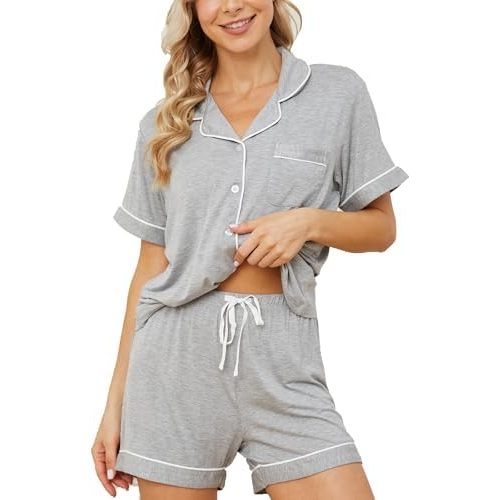 Womens Pajama Sets Short Sleeve Sleepwear Soft Button Down Nightwear Lounge Pj Set XS-XXL