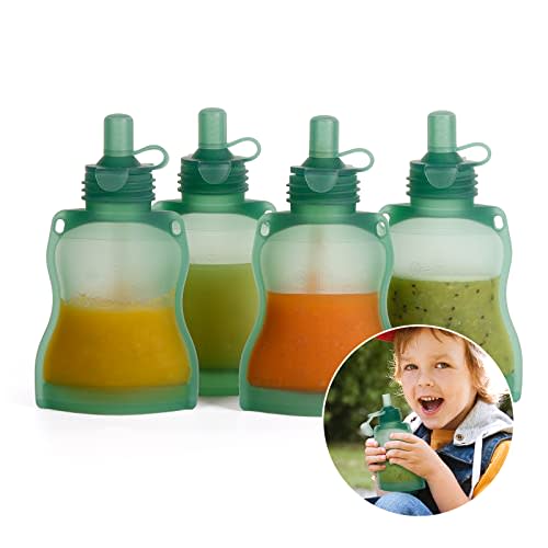 haakaa Silicone Refillable Squeezy Baby Food Yummy Pouch Homemade Organic Food for Babies/Toddlers/Kids, 4 Pack 4 oz, Pea Green