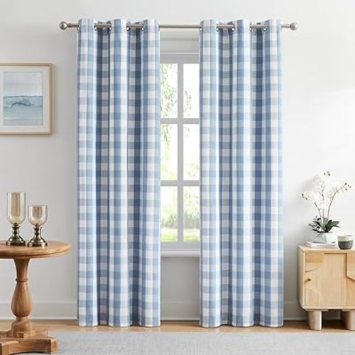 Amzdecor Buffalo Plaid Check Full Blackout Curtains Woven Checkered GEO Thermal Insulated Energy Efficient Drapes Grommet 2 Layers Window Treatment for Bedroom Living Room,2 Panels,40"x90",Blue White