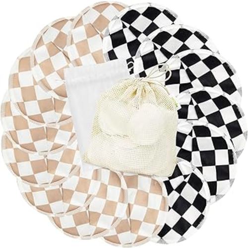 wegreeco Nursing Breast Pads (14 Pack) + Laundry Bag & Travel Storage Bag, 4.7 inch - Washable & Reusable Breastfeeding Nursing Pads (Light Coffee, Black Checkerboard, Large, Contoured Shape)