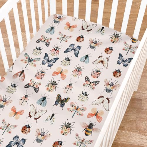 Watercolor Bees Butterflies Moth Floral Baby Crib Sheets for Girl Boy 52"x28" Spring Forest Beetles Bees Flowers Pink Soft Breathable Nursery Baby Sheet for Standard Crib and Toddler Bed Mattresses