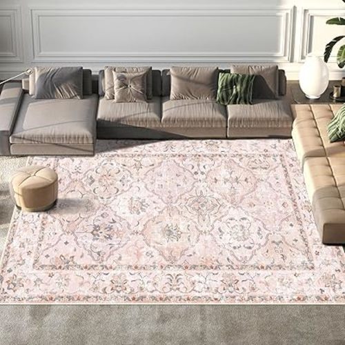 Boho Vintage Area Rugs 8×10 Washable Non-Slip Traditional Pink Area Rug for Living Room Bedroom Dining Room Farmhouse