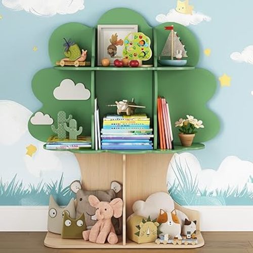 Tree Kids Bookshelf, Toddler Bookshelf for Kids, Baby Montessori Bookshelf and Toy Storage, Wooden Kids Bookcase, Book Shelf for Kids Rooms, Nursery, Bedroom, Playroom, Green