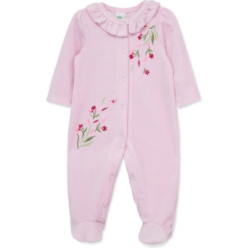 Leafy Embroidered Cotton Blend Velour Footie