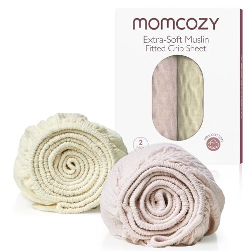 Momcozy Muslin Standard Fitted Crib Sheets, 52"x28", 2 Pack Soft Breathable Natural Cotton Baby Mattress Sheet, 360° Mattress Wrapping No Slip Boys Girls Neutral Toddler Bed Sheet, Beige Light Blush