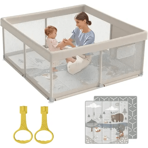 Fodoss Baby Playpen with Mat, Small Baby Play Pen(47x47inch), Playpen for Babies and Toddler (47×47inch Beige with mat)