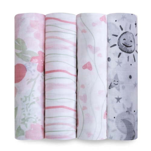 Little Grape Land Baby Muslin Swaddle Blankets 4-Pack, 100% Cotton Muslin Blankets, Neutral Soft Breathable Baby Blankets for Newborn Infant Girls, 47x47", Floral