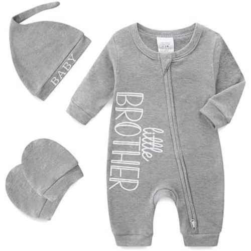 Babymine 100% Cotton 2-Way Zipper Little Brother Newborn Outfit 0-3 Months Coming Home Romper with Mittens and Hat