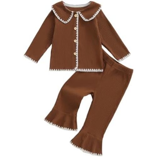 Toddler Baby Girl Fall Winter Outfits Ribbed Long Sleeve Button Down Shirt Tops Flare Pants Cute Clothes Set
