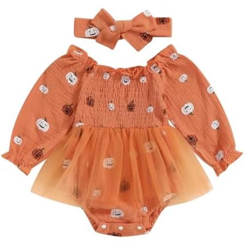 Halloween Baby Girl Clothes Newborn Pumpkin Romper Dress Long Sleeve Tulle Bodysuit Cute Halloween Outfit
