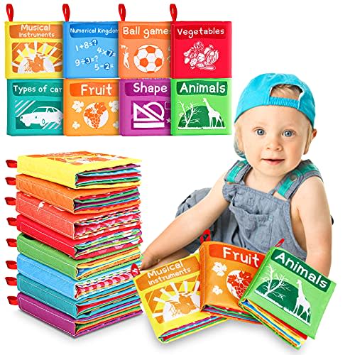 Baby Books Toys,Tencoz Soft Crinkle Cloth Books Early Education Learning Toys Gifts for Infants, Toddlers 0 to 6 Months Touch Feel Activity with Rustling Sound for Boys Girls-Pack of 8