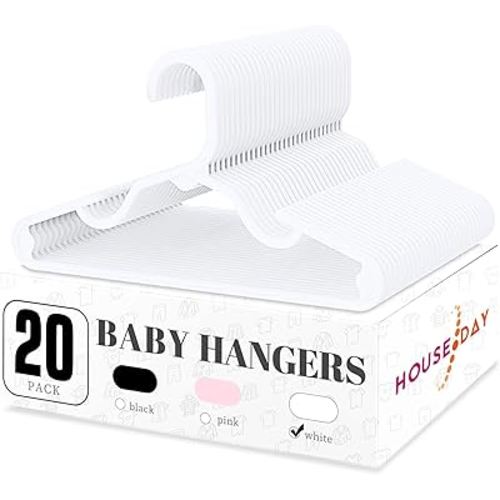 HOUSE DAY Plastic Baby Hangers for Closet 20 Pack, Durable Plastic Kids Hangers for Baby Clothes, Thin & Compact Childrens Hangers, Space Saving White Baby Hangers, Small Hangers for Kids Clothes