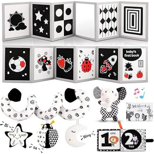 High Contrast Baby Toys for Newborn, Black and White Baby Sensory Toys for 0-6-12 Months Brain Development, Montessori Infant Toys for Baby Boy Girl Shower Gifts