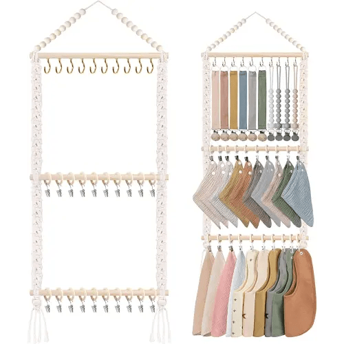 POVETIRE Pacifier Clip Holder Baby Bibs Organizer, Neutral Baby Bandana Drool Bibs Holder - Baby Burp Cloths Organizer Storage Hanging Wall Decor for Nursery Newborn Infant Girls and Boys Room