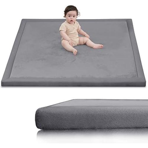 Baby Play Mat for Floor, 1.3" Thick Elasti-Foam 50x50 Playpen Mat for Toddlers Infant kids,Water-Repellent Soft Coral Velvet for Tummy Time, Non-Slip Backing for Crawling, Tatami Style (Dark Grey)