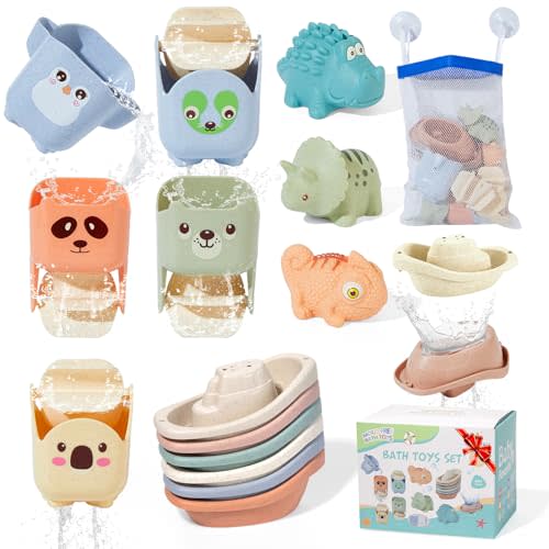 Baby Bath Toys for Kids Ages 1-3, 14 Pack Mold Free Toddler Bath Toys for 2-4 Bathtub Water Toys with Floating Boats&Cups and No Hole Bath Toy for Babies 6-12 Months, Baby Christmas Stocking Stuffers