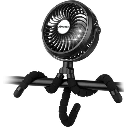 AMACOOL Battery Operated Stroller Fan Flexible Tripod Clip On Fan with 3 Speeds and Rotatable Handheld Personal Fans for Car Seat Crib Bike Treadmill (Black)
