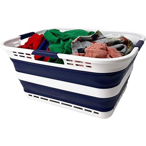 SAMMART 42L (11 Gallon) Collapsible Plastic Storage Basket - Foldable Pop Up Storage Container/Hamper - Portable Laundry Organizer - Space Saving (White/Starry Blue, 42L (Style A))