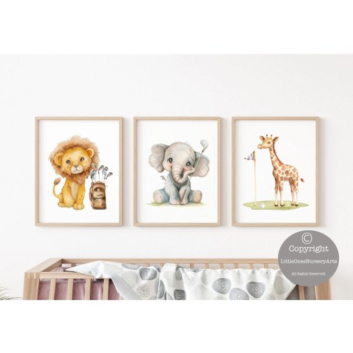 Watercolor Nursery Golf Art Set of 3, Cute Golfer Safari Animals, Nursery Golf Decor, Golf Baby Shower Gift, Golf Nursery Art Decor