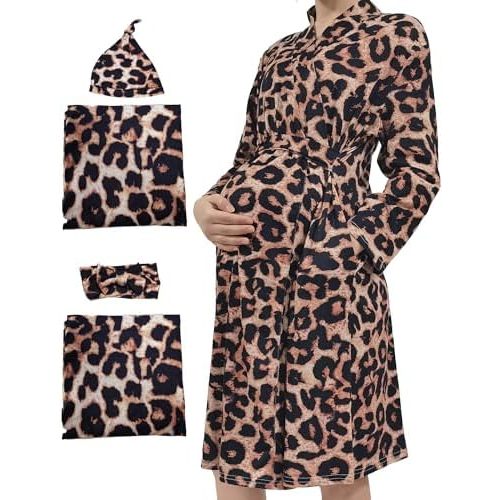 Maternity Robe with Matching Swaddle Set, Mommy Me Set Soft Women Maternity Sleepwear Bathroom Long Sleeves Robe