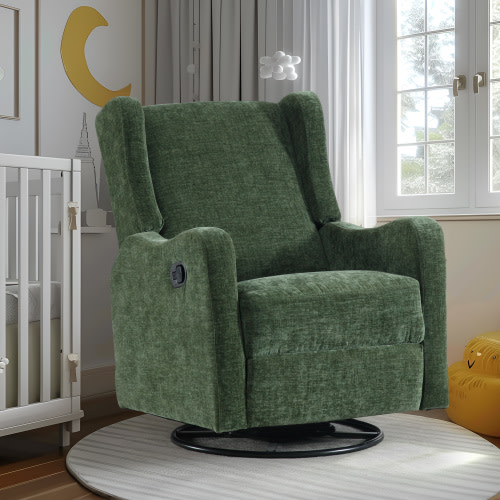 Dinosisco Swivel Glider Rocking Chair for Nursery, Wingback Upholstered Glider Rocker for Living Room, Green Chenille Fabric