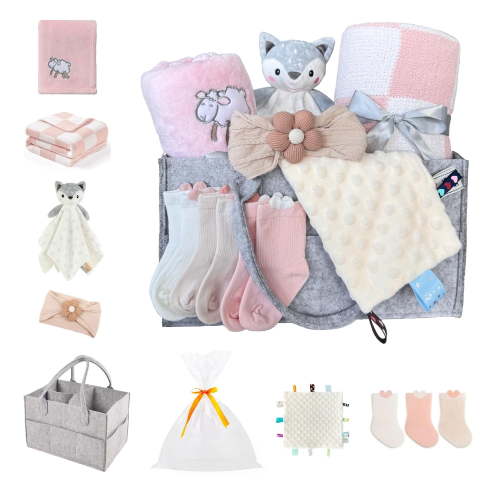 CREVENT Gift Set for Girls -Diaper Caddy Organizer Basket with 2 Blankets, 1 Taggie, 1 Lovey, 3 Socks,1 Headband,1 Gift Bag with Ribbon - Newborn Essential Baby Shower (Pink)