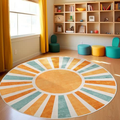 KONYXALU Boho Round Area Rug 6Ft Colorful Large Washable Rug for Classroom, Sun Print Distressed Circle Kids Rug Soft Thin Floor Carpet Non-Slip Low Pile Nursery Rug for Bedroom Playroom