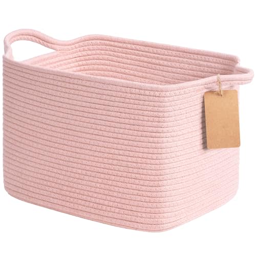 Goodpick Woven Storage Basket for Shelves, Small Baskets for Organizing, Rectangle Baby Nursery basket, Towel Baskets for Bathroom, Living Room, 13 x 10 x 9 Inches, Light Pink