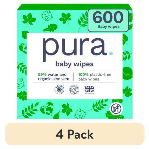 (4 pack) Pura Baby Wipes, Fragrance Free, Sensitive, EWG Verified, Plant-Based, 600, Choose Your Count