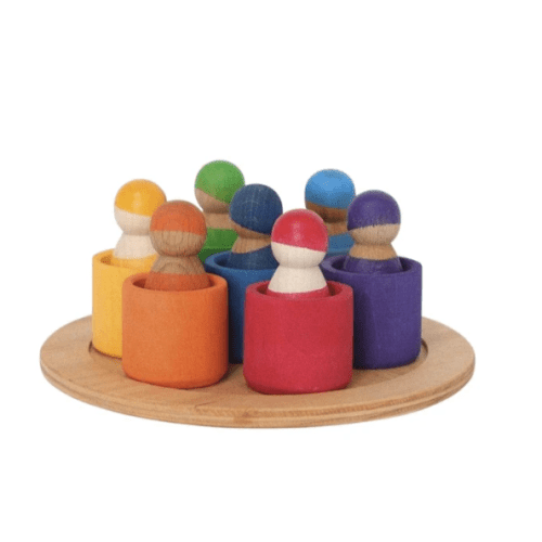 Wooden Peg Dolls | 7 Rainbow Peg People in Bowls | Grimms Spiel & Holz