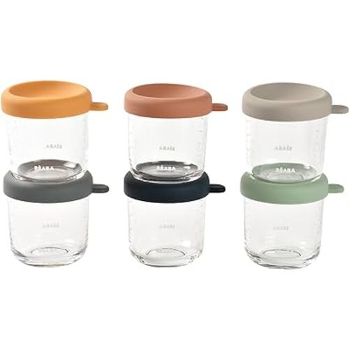 Beaba 6 Pack Glass Baby Food Jars, Freezer, Sterilizer, and Dishwasher Safe, 8 oz Baby Food Storage Jars with SilAir Tight Lid, Sunrise