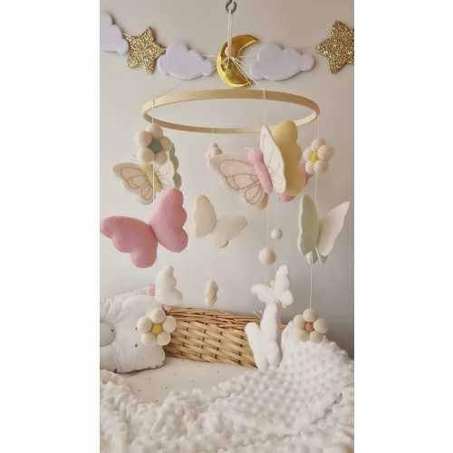 Butterfly mobile baby girl Girl mobile butterfly Crib mobile musical Nursery felt baby mobile neutral Hanging ball Cot wood beads mobile