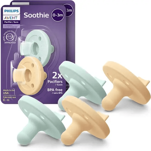 Philips Avent Soothie Orthodontic Baby Pacifiers, 100% Silicone Pacifiers, One Piece, BPA-Free, for Babies 0-3 Months, 2 Green and 2 Yellow, 4 Pack, Model SCF190/71