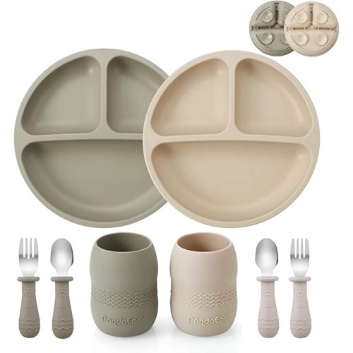 PandaEar Silicone Baby Feeding Set| 2 Pack Silicone Divided Suction Plate and 2 Pack Tiny Cup with 2 Spoons 2 Forks| Baby Led Weaning Supplies Self Feeding Eating Utensils (Silverware Set)