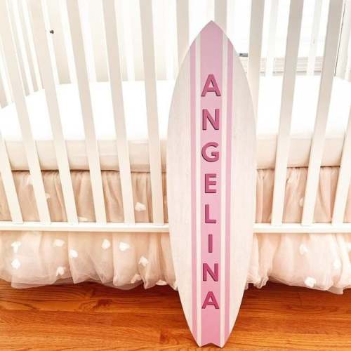 Bright Birch Wood with Pink Name Surfboard Name Sign | Nursery Décor for Children's Room| Teen Room | Beach Ocean Themed Nursery Kids Room