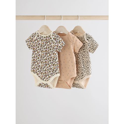 Brown Animal Short Sleeve 100% Cotton Baby Bodysuits 3 Pack