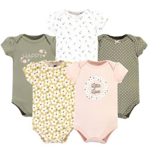Hudson Baby Infant Girl Cotton Bodysuits, Sage Floral Wreath 5 Pack, 0-3 Months