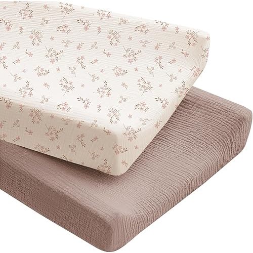 Konssy 2 Pack Muslin Changing Pad Covers for Boys, Ultra Soft & Breathable Cotton Baby Diaper Changing Table Covers, Neutral Nursery Diaper Changing Pad Sheets (Soft Blooms,Taupe)