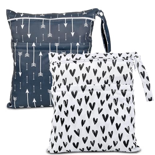 eaxin 2pcs Cloth Diaper Wet Dry Bags Waterproof Reusable with Two Zippered Pockets Travel Beach Pool Daycare Soiled Baby Items Yoga Gym Bag for Swimsuits or Wet Clothes-Black Hearts