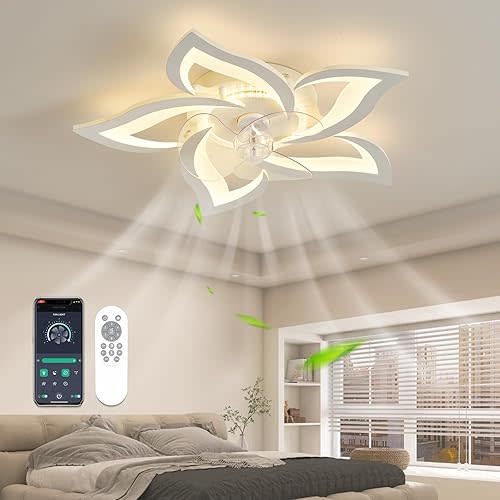 Bladeless Ceiling Fan with Light Bedroom Ceiling Fans with lights Flush Mount White Ceiling Fan with Dimming LED Remote Control 3 Color Temp. for Girls Bedroom Living Room Kids Room
