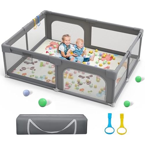 Palopalo Baby Playpen, 71"x59" Extra Large Playard for Babies and Toddlers, Baby Activity Center with 8 Suction Cup Bases, Infants Play Pen with 2 Gates and Soft Breathable Mesh, Without Mat