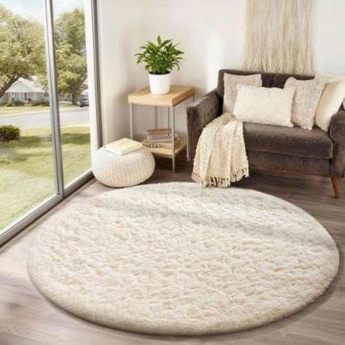 Ophanie 4ft Round Area Rug Plush Shag Circular Bedroom Nursery Rug Ivory Soft Fluffy Carpet
