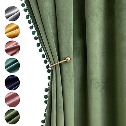 MIULEE Olive Green Pom Pom Velvet Curtains for Bedroom/Living Room Darkening Thermal Insulating 84 Inches Long Blackout Curtains with Rod Pocket for Girls Room/Nursery/Home Theater Set of 2