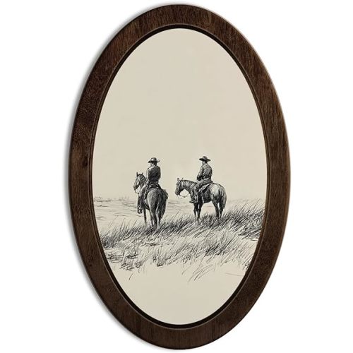 YZSLA Vintage Western Cowboy Framed Wall Art Decor, Vintage Western Decor, Rustic Country Southwest Cowboy Riding Horse Oval Wall Art Hanging Decorations for Home Bedroom Living Room, 14.56x9.05 Inch