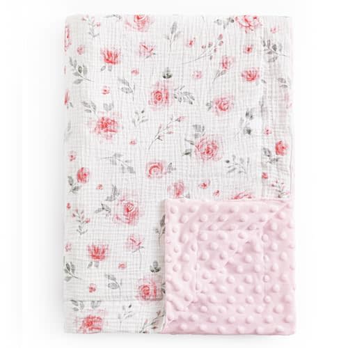 david's kids Muslin Minky Baby Blanket for Girls with Muslin Cotton Front and Dotted Fleece Backing, Breathable and Soft Lightweight Receiving Blanket for Newborns, 30x40 Inches, Floral