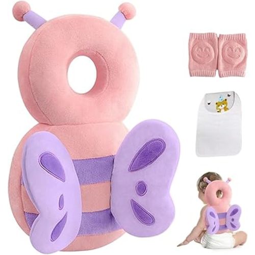Baby Head Protector Backpack, Adjustable Baby Head Protection Backpack with Baby Knee Pads for Walking & Crawling, Soft, Breathable and Wearing Safety Baby Head Protector - Pink Butterfly