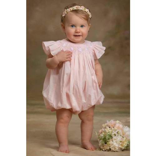 Baby smocked bubble babies toddler Pink Embroidery one year portrait