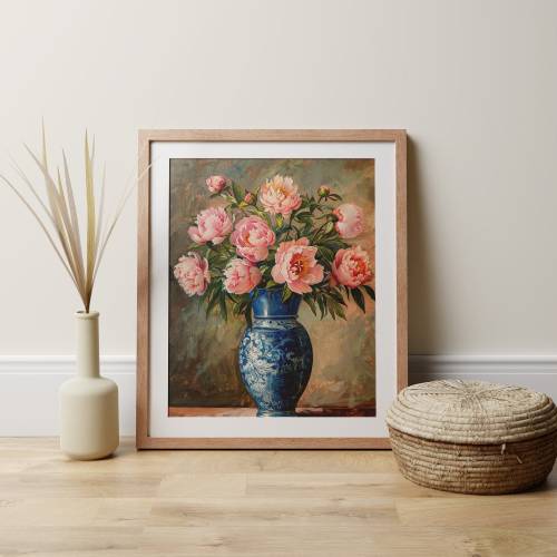 Victorian Peony Oil Painting Print, Elegant Classic Flower Bouquet Blue Chinoiserie Vase, Pink Living Room Wall Art, Apartment Vintage Style