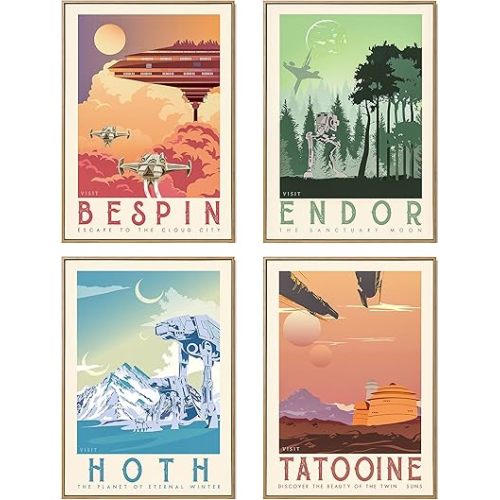Star Wars Money Saving Offer - 4 Prints Of Star wars Travel, Hoth, Bespin, Tatooine, Endor, Star Wars Retro Travel Posters, Trilogy Prints (8"x10")